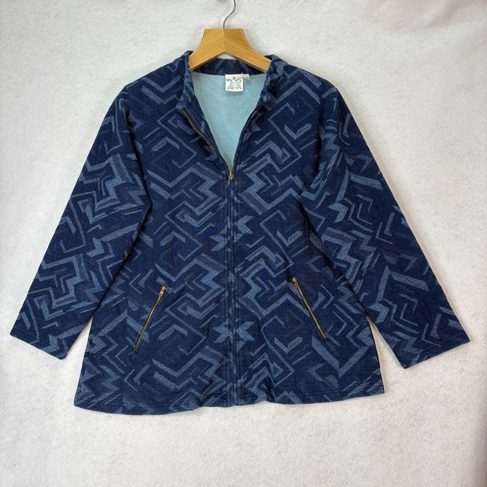 Parsley & Sage Blue Geometric Zip Up Jacket Womens XL Boho Lagenlook Artsy USA